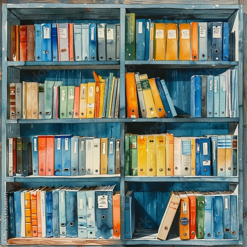 Watercolor painting of an organized bookshelf with business literature and folders, in detailed handdrawing on white photo