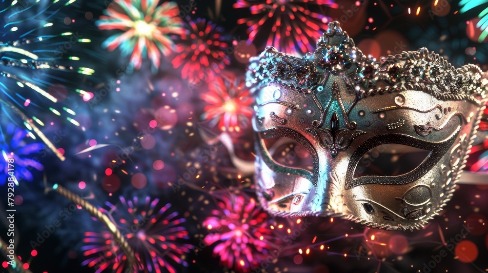 An illustration of a 3D Mardi gras carnival party design with silver masks on fireworks as a background