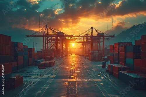 An industrial shipping yard at sunrise, with massive cranes and containers stacked high, creating an imposing and dynamic scene