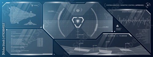 VR HUD futuristic cyberspace control panel. Technology head up display target and command center UI screen. GUI digital virtual interface hi tech visor template. FUI Sci Fi starship cockpit dashboard