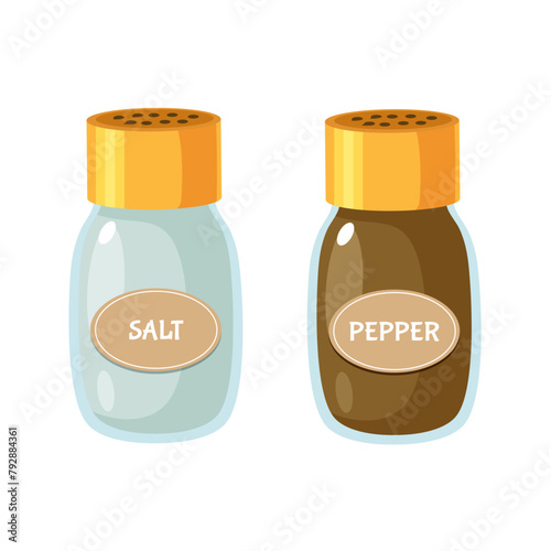 Black pepper and salt in glass jars isolated on white background. 
