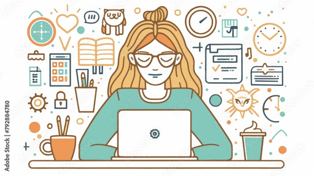 The concept is that of a home office, freelance doodle concept. There are icons of a cat, a coffee cup, and office supplies surrounding the female worker on her laptop. It is an outsourced job, The concept is that of a home office, freelance doodle concept. There are icons of a cat, a coffee cup, and office supplies surrounding the female worker on her laptop. It is an outsourced job,