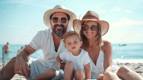 Beautiful young couple with child relaxing in the beach. Family enjoyment, relaxation, hapiness concept