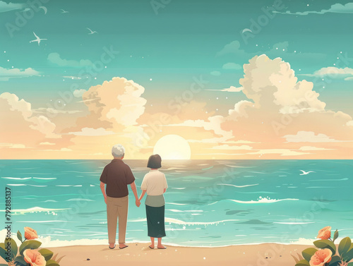   Coppia di anziani asiatici  di spalle che guardano il mare , coppia anziana sorridente insieme su una spiaggia soleggiata  photo
