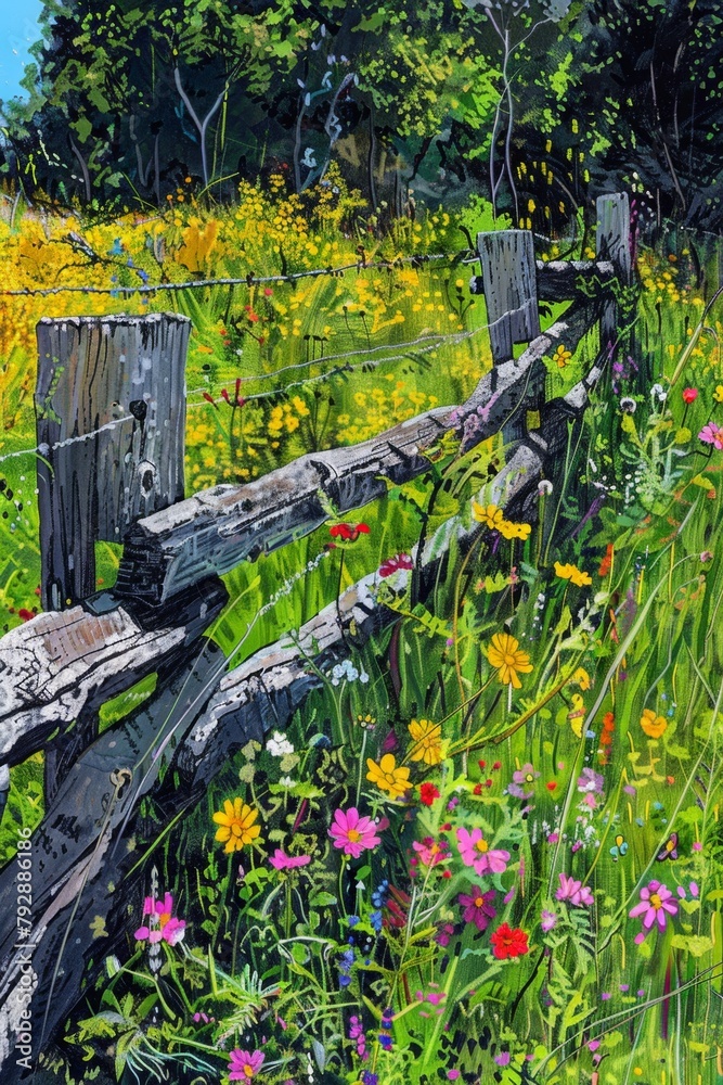 Realistic pop art rendition of a weathered fence in a meadow, bold outlines, stylized textures, vibrant wildflowers, textured grass