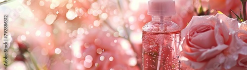 Closeup of a spray bottle of refreshing rose water mist with droplets visible on the surface, set against a soft, blurred background of summer blooms, ideal for hydrating skincare promos photo