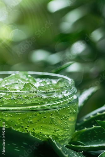 Closeup of a soothing aloe vera gel jar with the gel visible on the rim, set against a calm, green, plantfilled background with space for text about aftersun care benefits