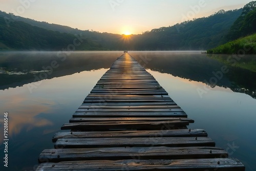 Long wooden pier stretching into a serene lake at sunrise, providing a peaceful and reflective setting, perfect for meditation and wellness themes photo