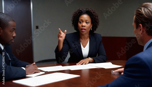 Office Business Meeting Photo of a Confident African American Female Manager in Professional Workplace Environment, Female Influence Making a Difference in Business and Economy photo