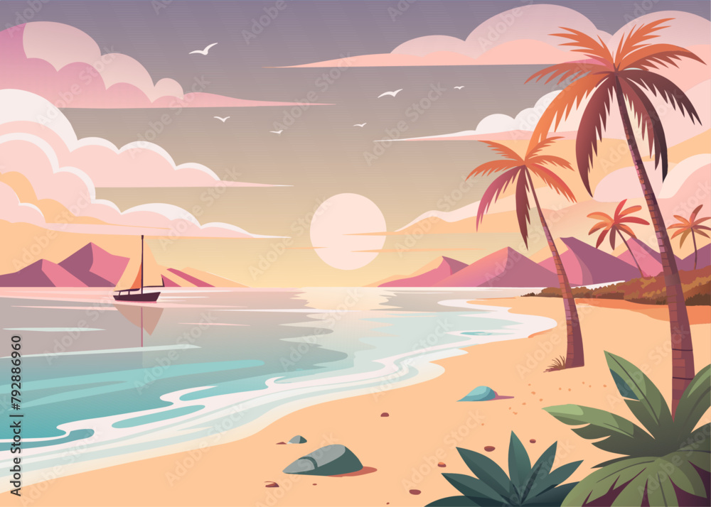 Dawn on the background of a summer beach vector illustration