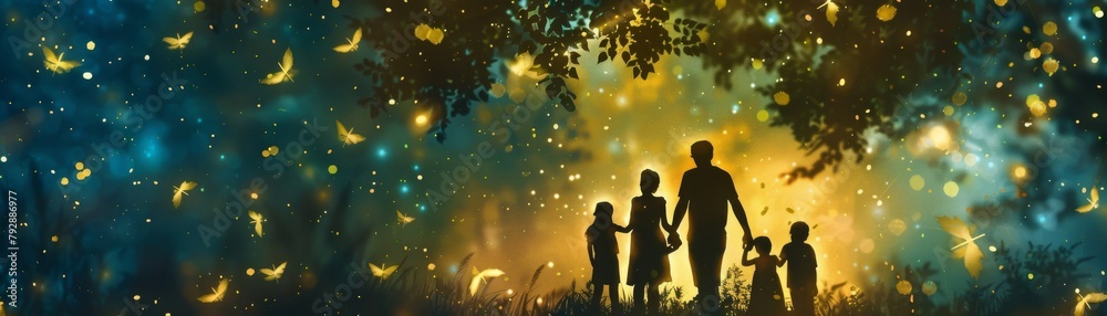 A family of five is walking through a forest at night. The father is leading the way, holding hands with his wife and two younger children. The oldest child is walking ahead of them.