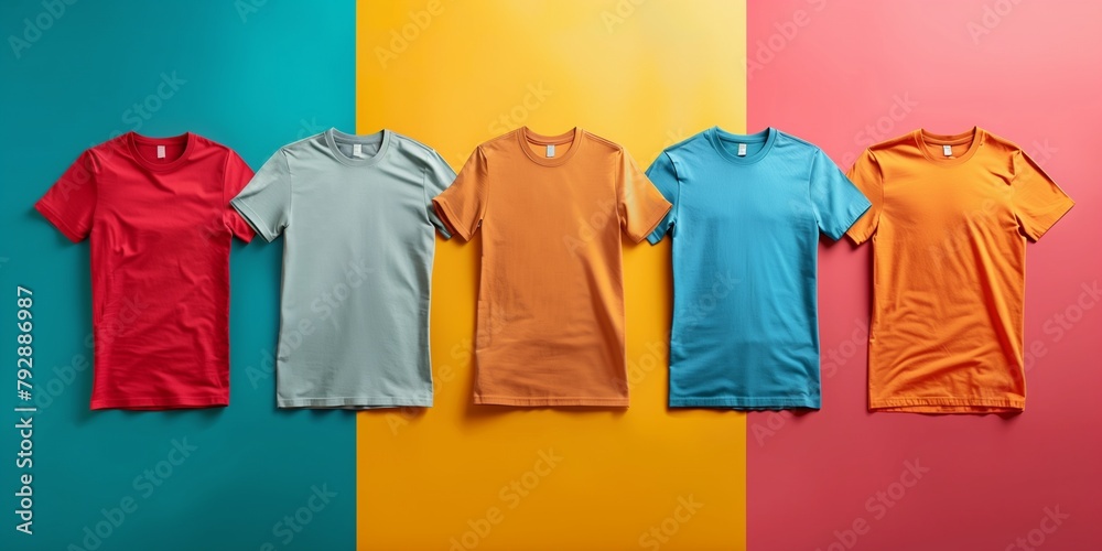 A row of brightly colored shirts are displayed on a pink background