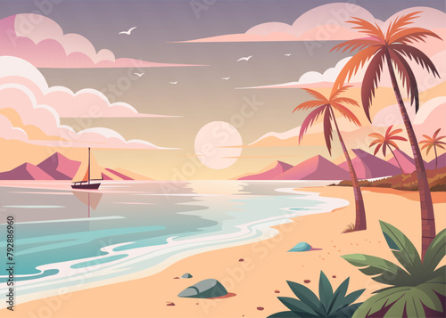 Fototapeta Naklejka Na Ścianę i Meble -  Dawn on the background of a summer beach vector illustration
