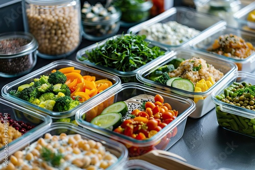Detailed shot of a plantbased meal prep session with assorted containers filled with balanced vegan meals, perfect for healthfocused social media content and meal planning guides photo