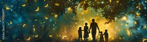 A family of five is walking through a forest at night. The father is leading the way, holding hands with his wife and two younger children. The oldest child is walking ahead of them. photo