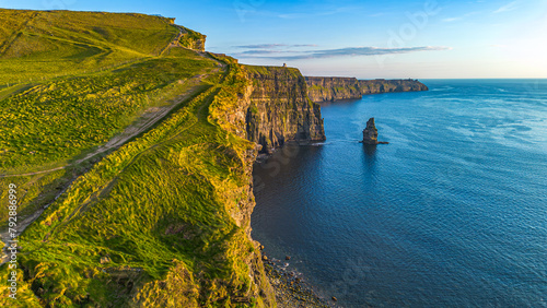 Aerial landscape cliffs of Moher at sunset in County Clare. Ireland photo