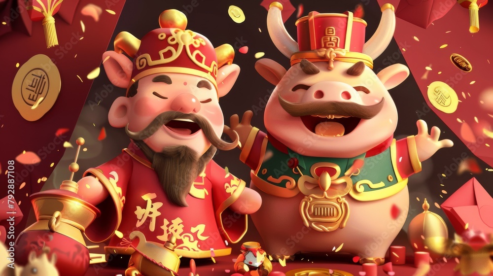 A Chinese new year cartoon greeting card featuring the God of Wealth and a cute ox in a red envelope background. The greeting translates into: Welcome to the New Year.