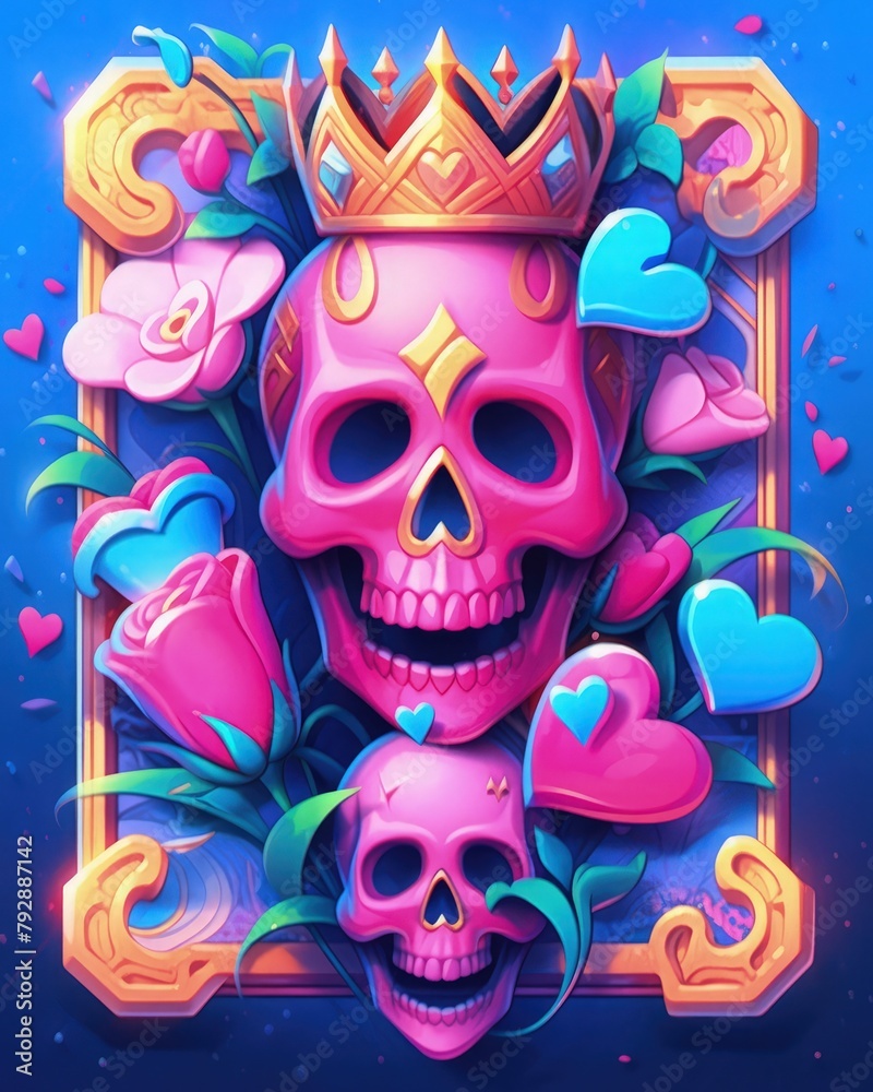 Illustration of a skull king full of love. Digital art.