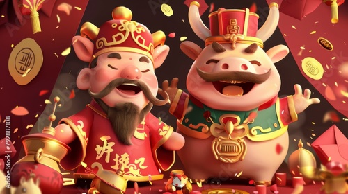 A Chinese new year cartoon greeting card featuring the God of Wealth and a cute ox in a red envelope background. The greeting translates into  Welcome to the New Year.