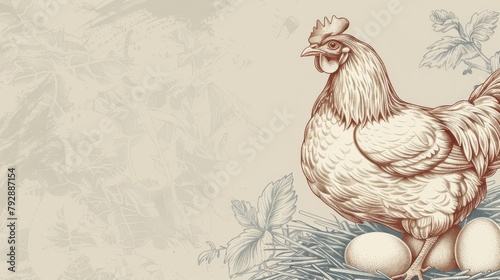 Template for a vintage ad for a farm product in engraving design. A hen sits on a nest next to an egg box mock up. Concept of a free range farm chicken and fresh farm eggs. photo