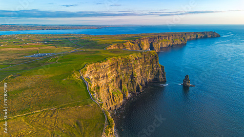 Aerial landscape cliffs of Moher at sunset in County Clare. Ireland photo