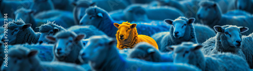 A vibrant yellow sheep stands out in a crowd of identical blue sheep, symbolizing individuality, uniqueness, and the courage to be different, created with generative AI technology photo