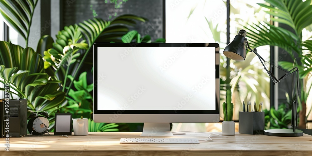 A computer monitor sits on a desk in front of a window with green plants A computer monitor sits on a desk in front of a window with green plants