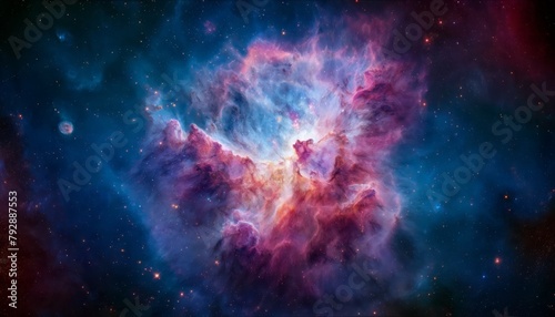 Cosmic background with a blue purple nebula and stars photo