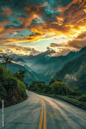 Photo of a scenic mountain road with Wanderlust written in bold, adventurous font across the sky, ideal for desktop wallpapers and motivational displays in travelrelated businesses photo