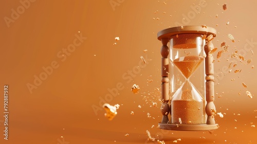 A sand hourglass, vintage clock, timer with transparent glass and gold particles, banner, loading concept with a sand clock and copy space, 3D render illustration.
