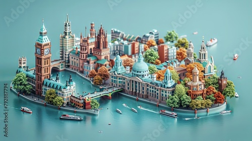 Adorable England depiction of this citys iconic landmarks and ambiance in isometric view, Generated by AI