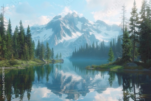 The tranquil lake reflects the surrounding mountains and trees.