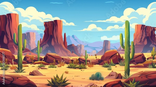 Animated landscape of a desert of Africa or Wild West Arizona. A cartoon panoramic background shows a cross section of the land  yellow sand  cacti  rocks  blue sky with clouds  a modern illustration