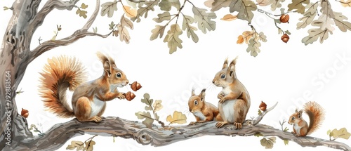 A watercolor painting of a family of squirrels on a branch. The squirrels are eating acorns. photo