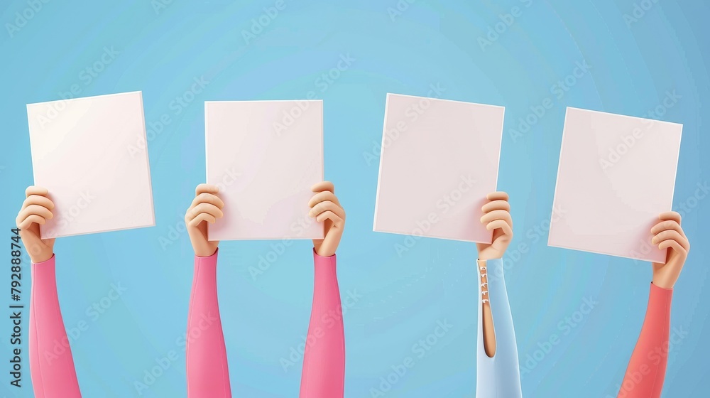 Set of hands holding blank white paper isolated on blue background. A template for an announcement, advertising or business presentation. 3D illustration of a website interface. Set of hands holding blank white paper isolated on blue background. A template for an announcement, advertising or business presentation. 3D illustration of a website interface.