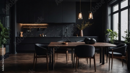 Contemporary Elegance, Dark Kitchen and Dining Room Interior with Stylish Furniture, Kitchenware, and Dark Wood Accents