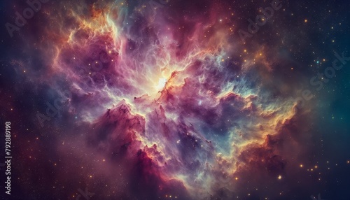 Cosmic background with a blue purple nebula and stars photo