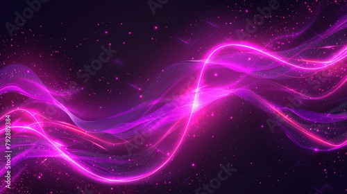 A realistic modern illustration of neon color swirl glowing, shimmering with multiple glitter sparkles in darkness. Magic star dust.