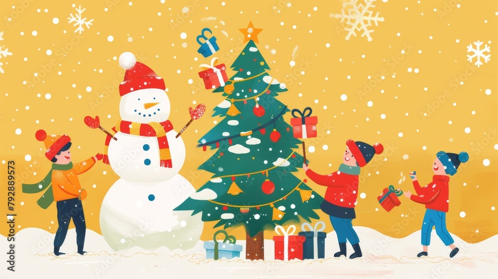 Children decorate Xmas tree with giant snowman on yellow background of flat style illustration. Children decorate Xmas tree with giant snowman on yellow background of flat style illustration.