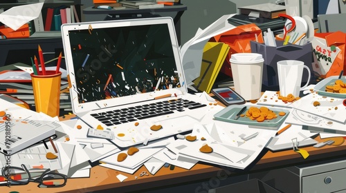 Modern modern illustration of an untidy accountant's work space, cluttered workspace with empty mugs, crumbled snacks, documents around computer. photo