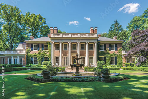 Colonial style mansion exuding timeless elegance with grandiose architecture, ornate furnishings.