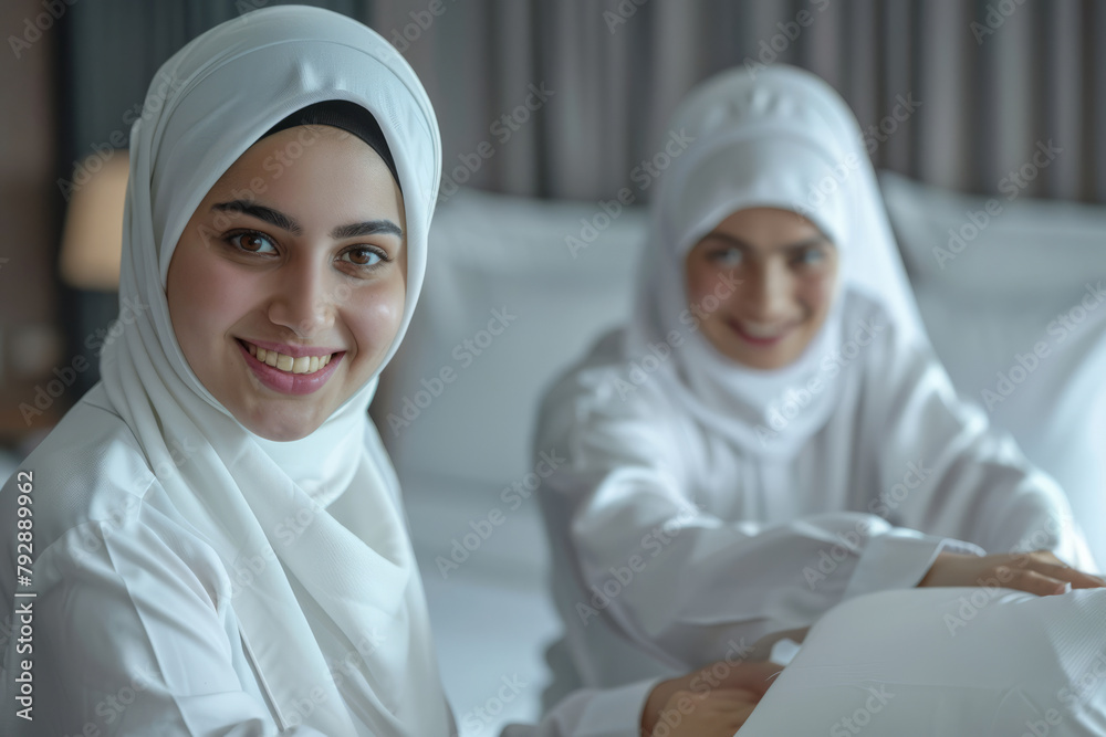 A happy Arab maid and her female co-worker work harmoniously to make the bed in a hotel room, demonstrating diligence and unity.