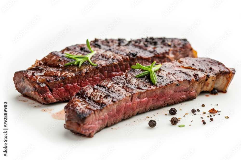 Sliced medium-rare steak seasoned with pepper and garnished with fresh rosemary sprigs on a white plate. Sliced medium-rare steak seasoned with pepper and garnished with fresh rosemary sprigs on a white plate.