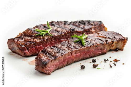 Sliced medium-rare steak seasoned with pepper and garnished with fresh rosemary sprigs on a white plate.