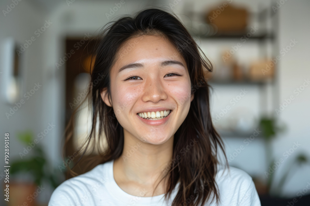 A joyful 20s Japanese girl poses for a headshot at home. The happy young woman looks directly at the camera, showcasing her white teeth in a warm smile while laughing and chatting on a video call. A joyful 20s Japanese girl poses for a headshot at home. The happy young woman looks directly at the camera, showcasing her white teeth in a warm smile while laughing and chatting on a video call.