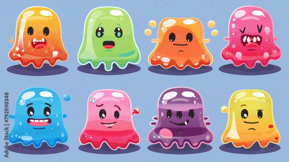 Cartoon set of cute jelly game characters isolated on background. Modern illustration of funny slime creatures with big eyes, monster teeth. Colorful simple gel aliens smiling. Cartoon set of cute jelly game characters isolated on background. Modern illustration of funny slime creatures with big eyes, monster teeth. Colorful simple gel aliens smiling.
