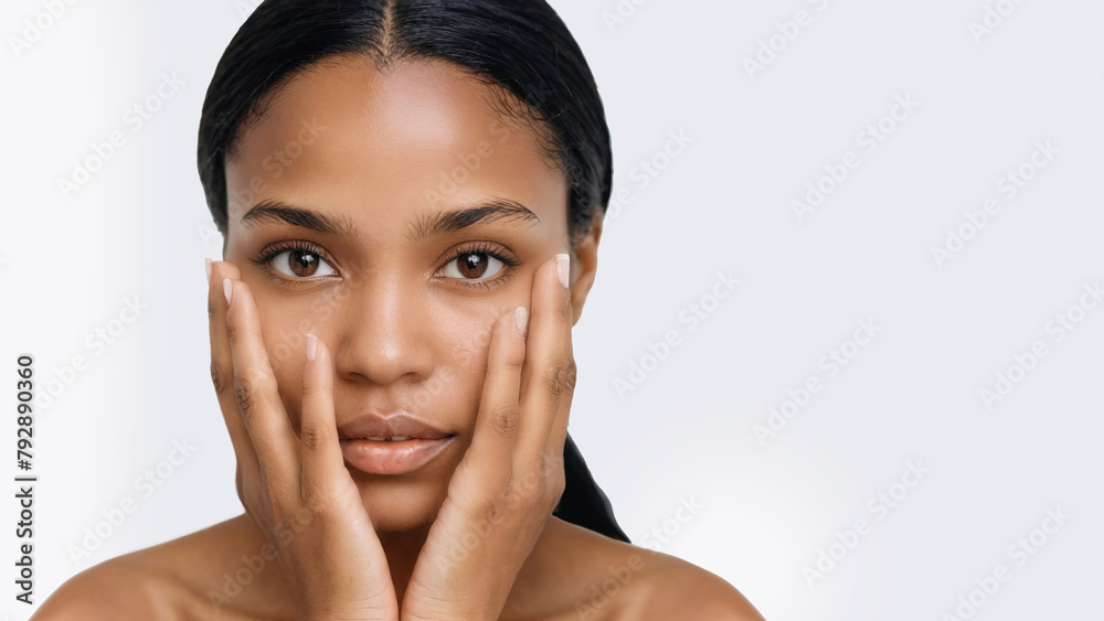 Portrait Close-up Picture of a Concerned and Caring African American Woman, Touch Her Face Skin with Fingers, Worried About Skincare and Stress. Open text or Copy area space for Advertisement Caption. Portrait Close-up Picture of a Concerned and Caring African American Woman, Touch Her Face Skin with Fingers, Worried About Skincare and Stress. Open text or Copy area space for Advertisement Caption.