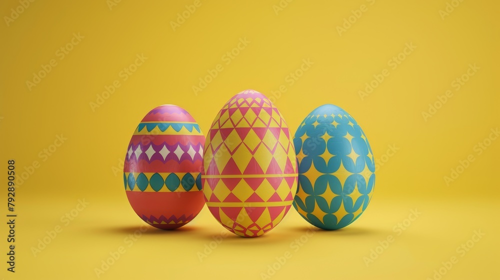 An isolated yellow background shows beautiful colored Easter eggs in 3D with beautiful patterns