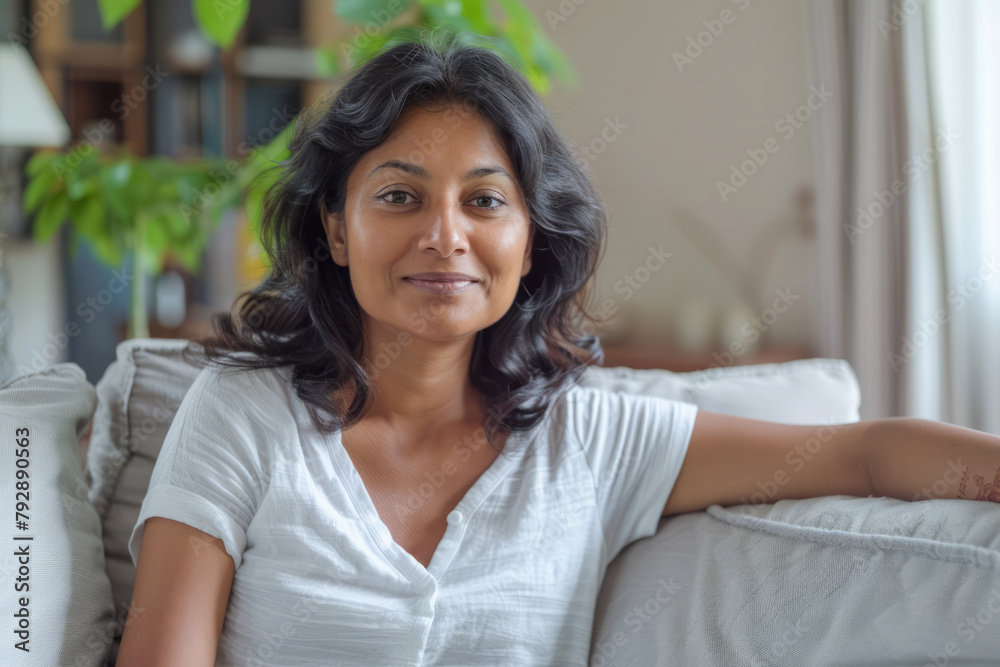 A relaxed Indian woman sits on a comfortable couch in her living room, smiling warmly at the camera. 