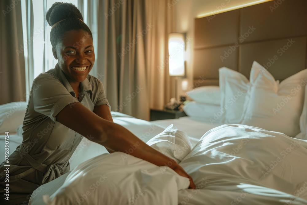 A smiling Afro-American maid and her female co-worker diligently make the bed in a hotel room, radiating warmth and professionalism. A smiling Afro-American maid and her female co-worker diligently make the bed in a hotel room, radiating warmth and professionalism.